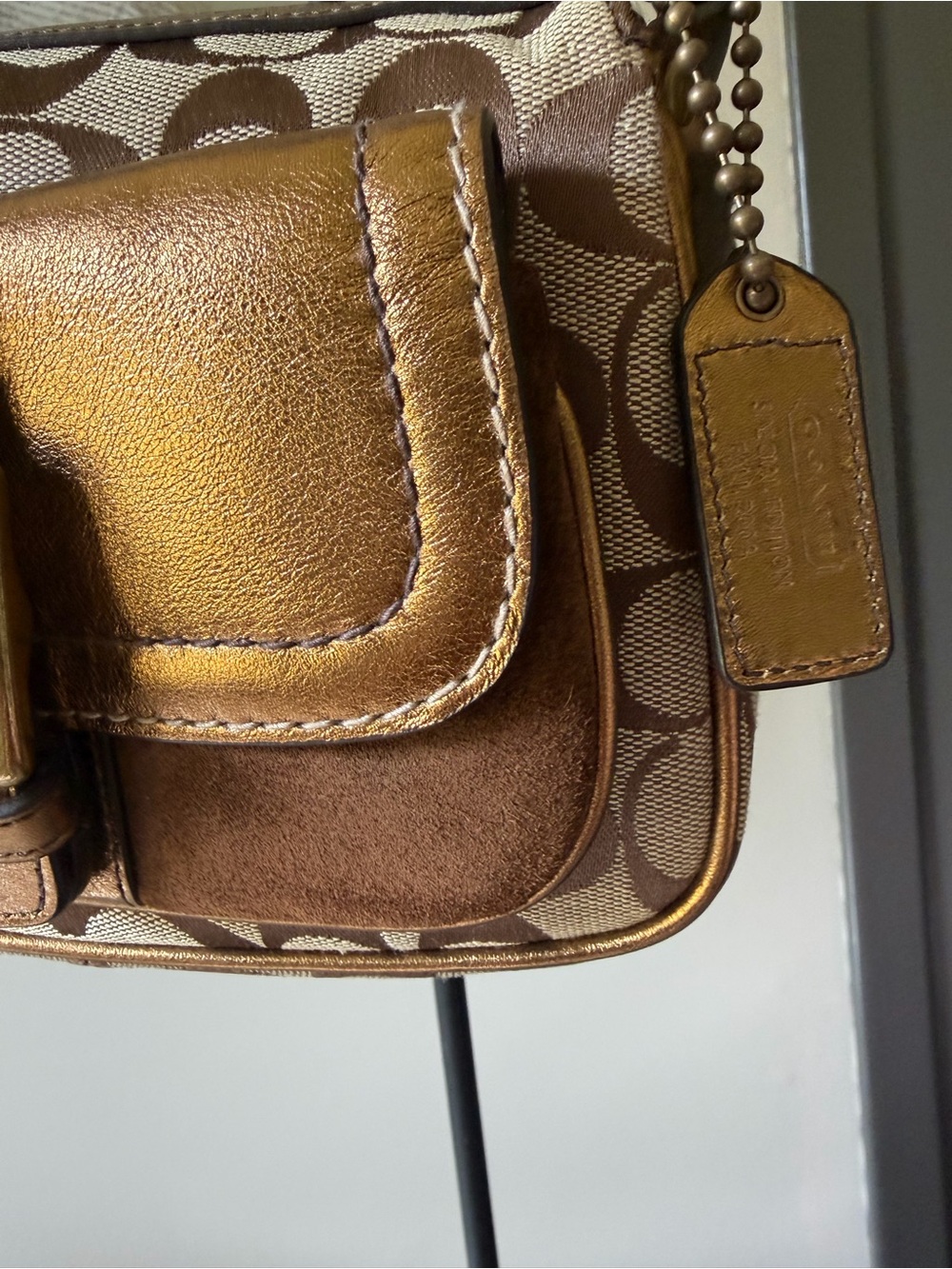 Coach Brown Signature Canvas Shoulder Bag with Metallic Bronze Leather Accents - Picture 3 of 16